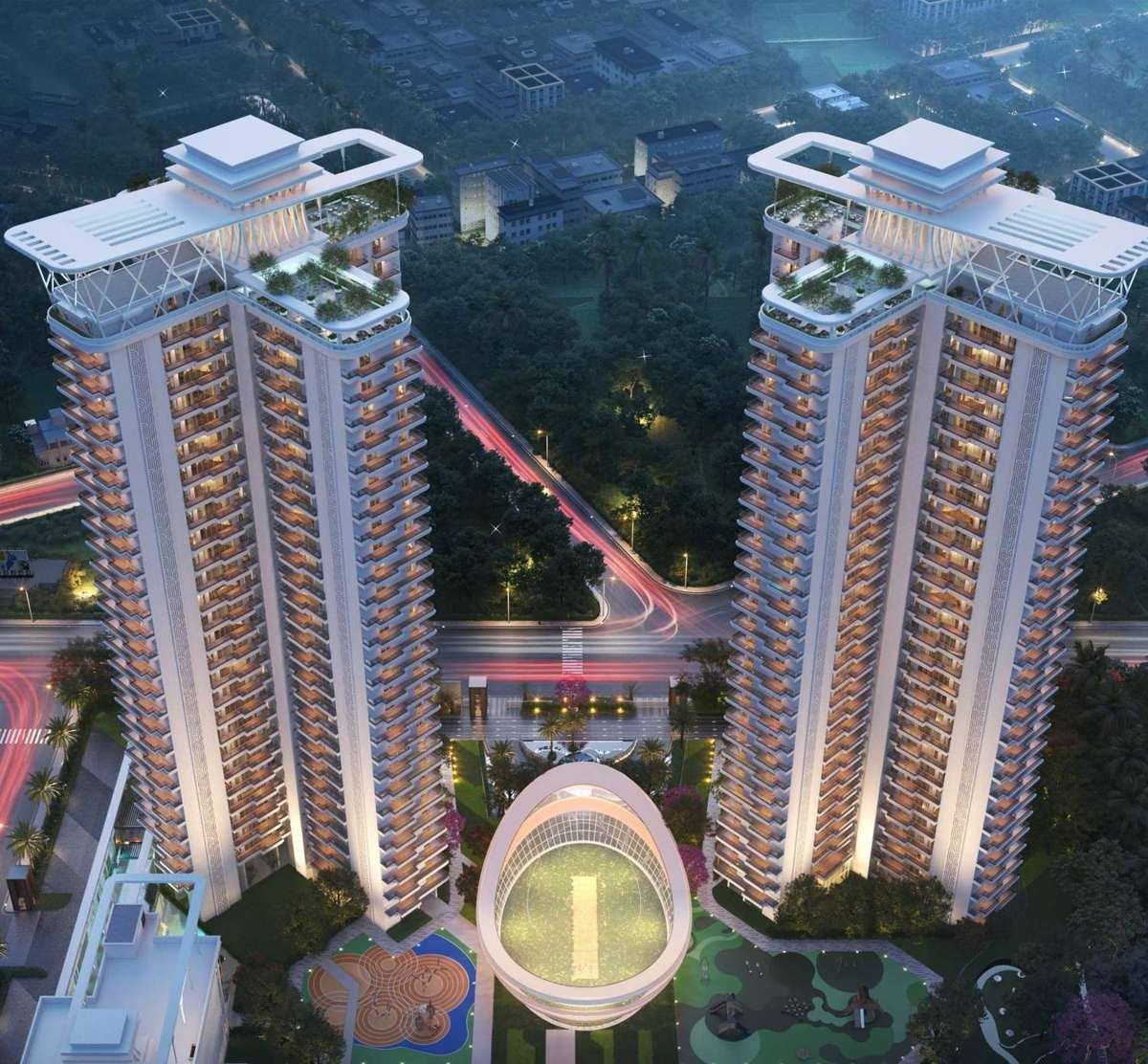 Artist’s impression: aerial view of two VVIP Addresses towers with the oval box-cricket arena and play areas between them.