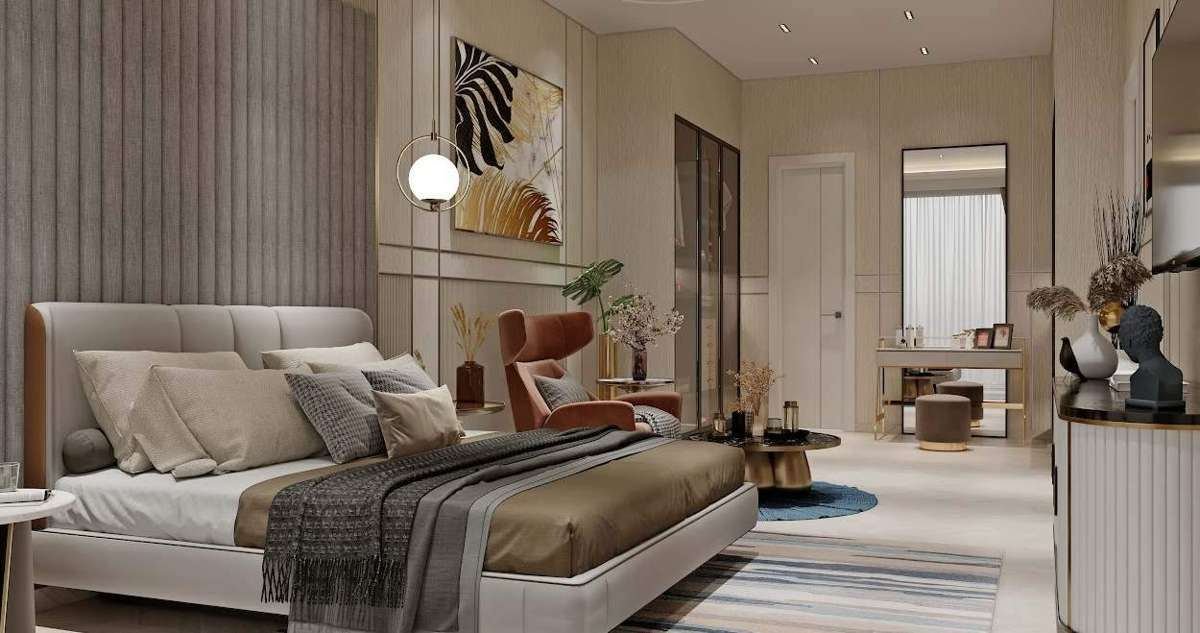 Artist’s impression of a master bedroom at VVIP Addresses with a dressing area beyond.
