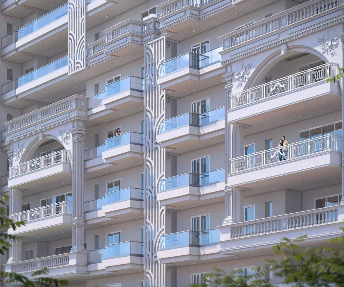 Artist’s impression of the façade of VVIP Addresses showing wide balconies with glass and balustrade railings.
