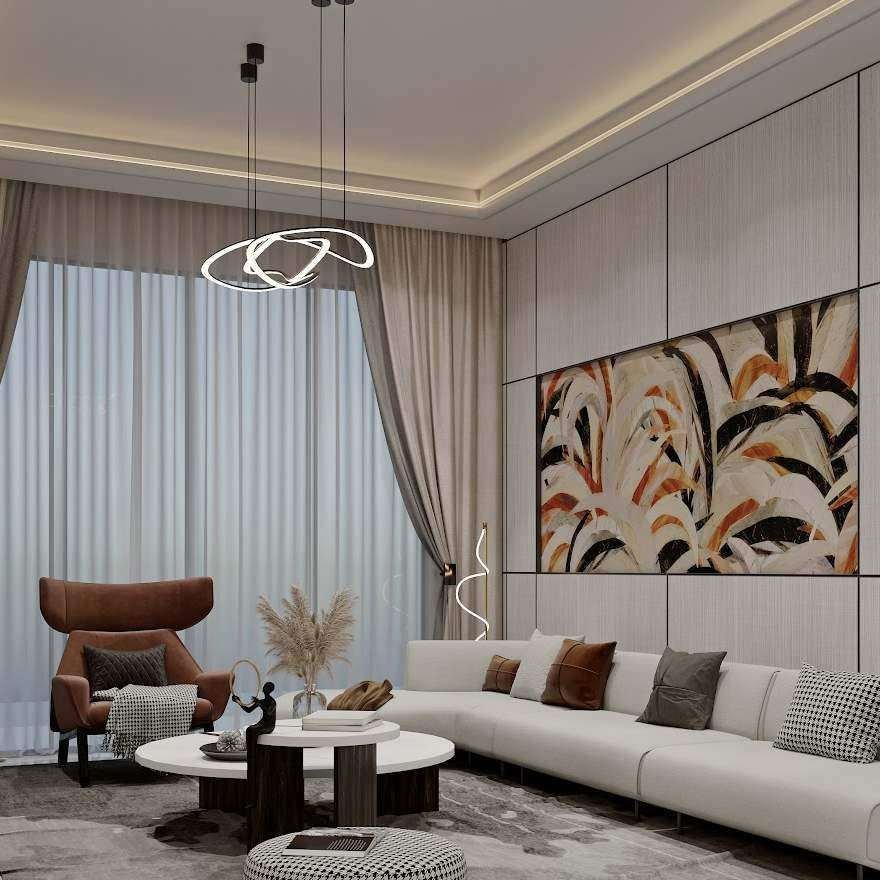 Artist’s impression of a living room at VVIP Addresses with full-height glazing and a sectional sofa.
