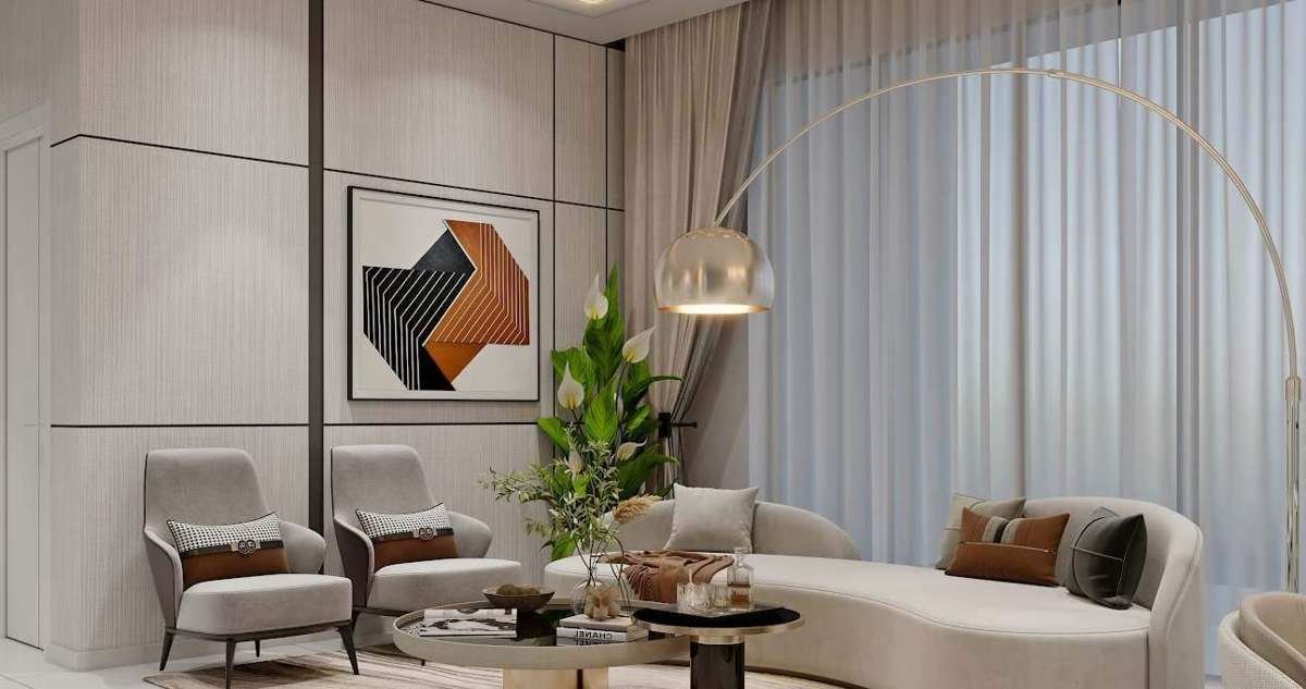 Artist’s impression of a living room seating area at VVIP Addresses with sheer curtains.