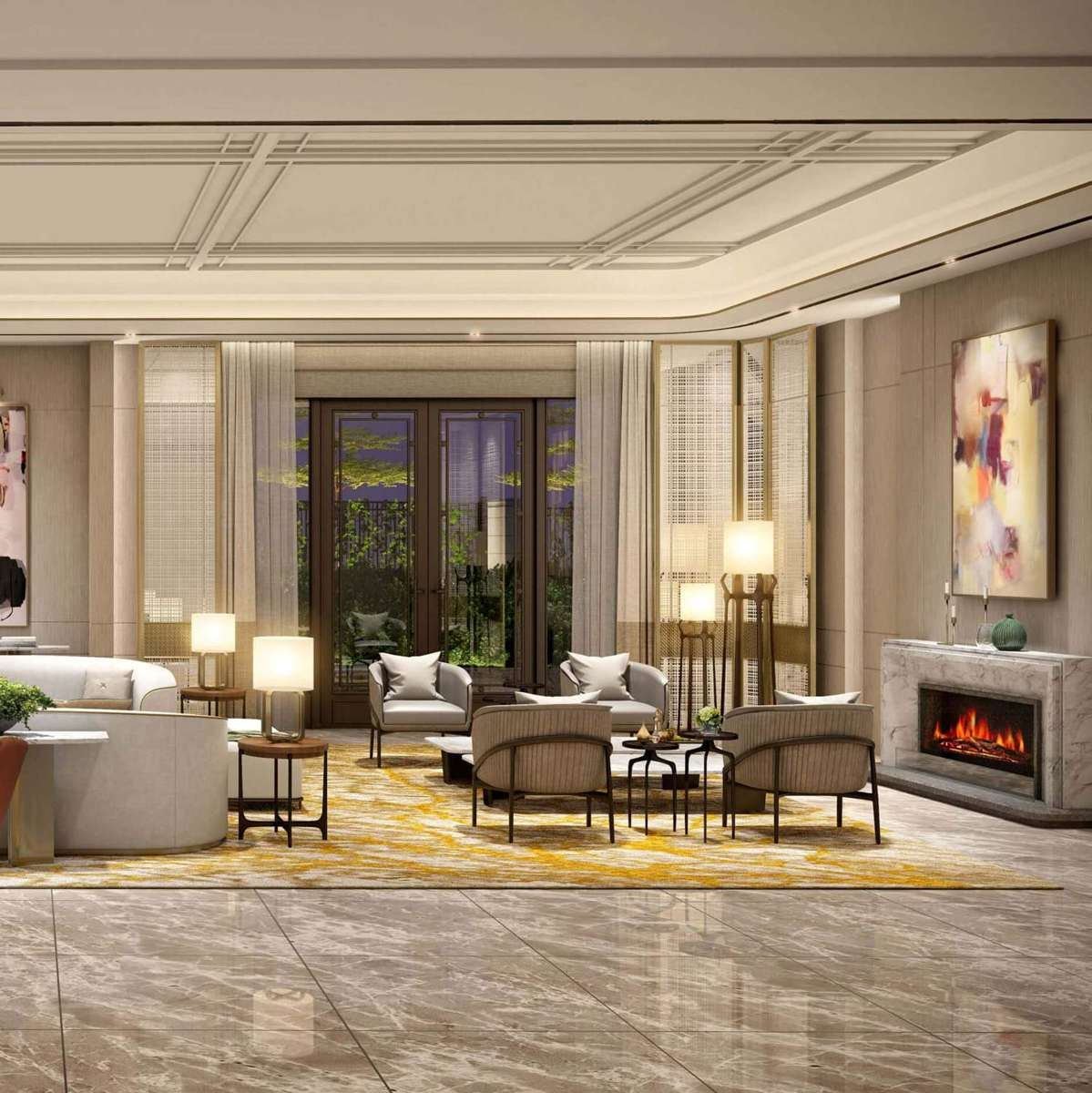 Artist’s impression of a lounge interior at VVIP Addresses with seating groups, a fireplace and coffered ceiling.