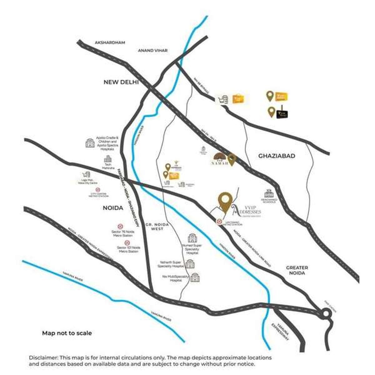 Location map from the VVIP Addresses brochure showing the site in Greater Noida West relative to Noida, Ghaziabad, New Delhi, the Noida–Greater Noida Link Road, the FNG Expressway and nearby metro stations and hospitals. Map not to scale.