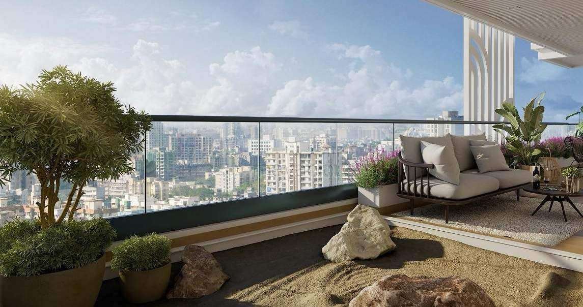Artist’s impression of a furnished private deck at VVIP Addresses with a glass balustrade and city views.