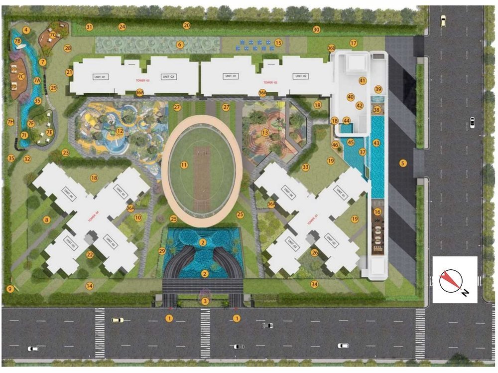 Site layout plan of VVIP Addresses, Sector 12, Greater Noida West, showing four towers around a central box-cricket arena, the entrance waterbody, gardens, play areas and the commercial block with terrace pools.