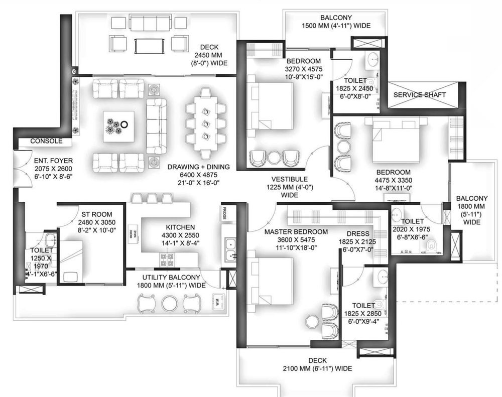 Floor plan of the 3 BHK residence in Tower 1 and 4, Units 2 and 3, at VVIP Addresses: drawing and dining room, kitchen, three bedrooms, servant room, two decks and three balconies, with room dimensions.
