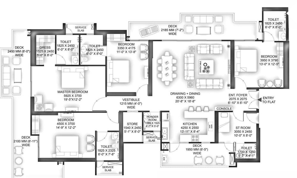 Floor plan of the 4 BHK residence in Tower 1 and 4, Units 1 and 4, at VVIP Addresses: drawing and dining room, kitchen, four bedrooms, powder room, store, servant room and decks, with room dimensions.