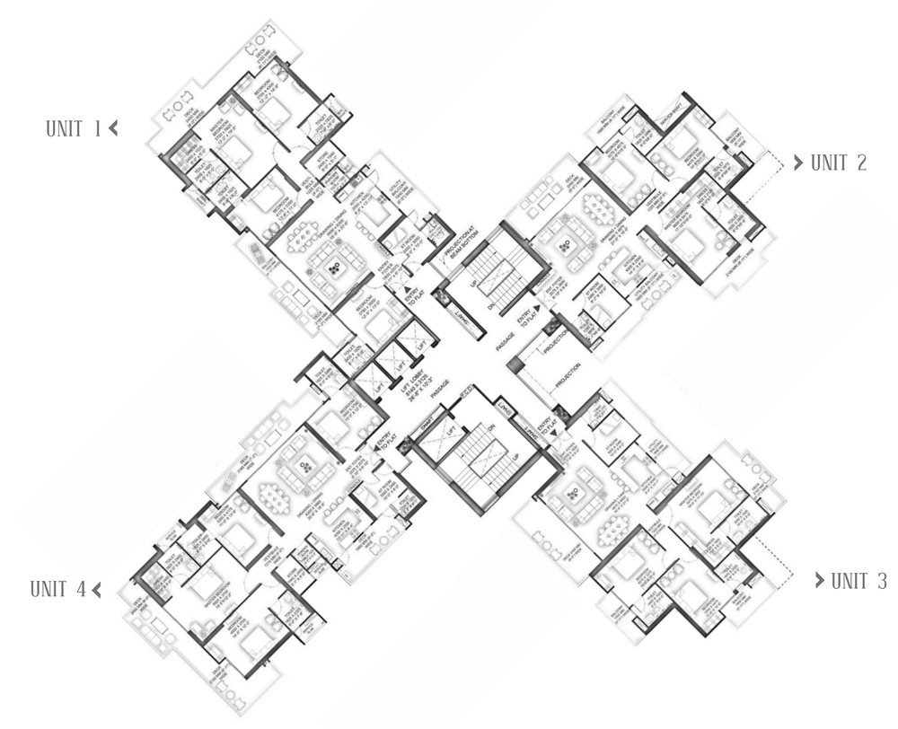 Typical floor plan of Tower 1 and 4 at VVIP Addresses showing four residences, Units 1 to 4, arranged around a central lift lobby.