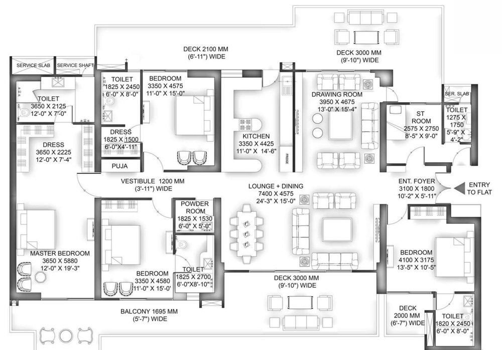 Floor plan of the 4 BHK residence, Unit 1 in Tower 2 and 3, at VVIP Addresses: drawing room, lounge and dining room, kitchen, four bedrooms, puja room, powder room, servant room and decks, with room dimensions.