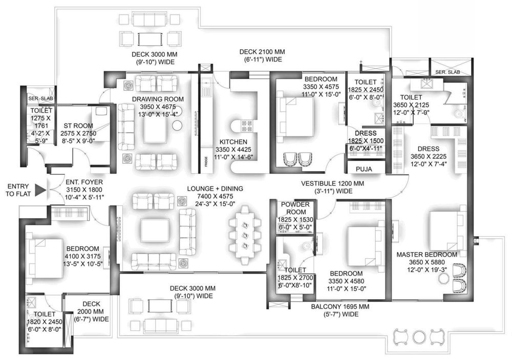 Floor plan of the 4 BHK residence, Unit 2 in Tower 2 and 3, at VVIP Addresses: drawing room, lounge and dining room, kitchen, four bedrooms, puja room, powder room, servant room and decks, with room dimensions.