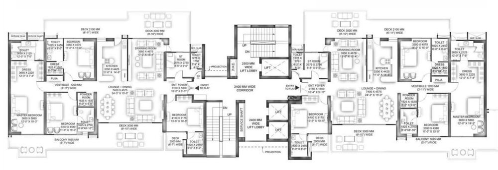 Typical floor plan of Tower 2 and 3 at VVIP Addresses showing two four-bedroom residences on either side of a 2,400 mm wide corridor and lift lobbies.